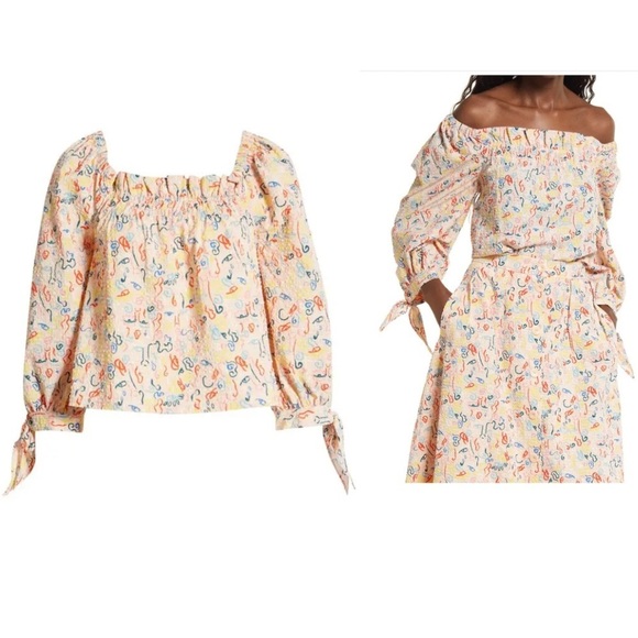 NORDSTROM Cristina Martinez Print Poet Blouse -  Pink Peach Doodle Line - size S - Picture 1 of 11